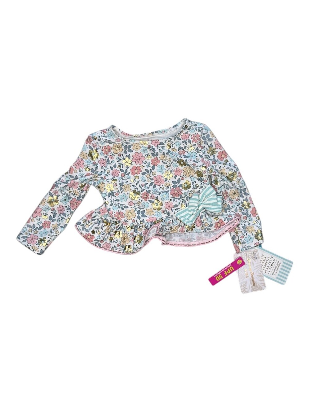 Tommy Bahama Girls' Floral Long Sleeve Swim Shirt with Ruffle and Bow, Size 12M